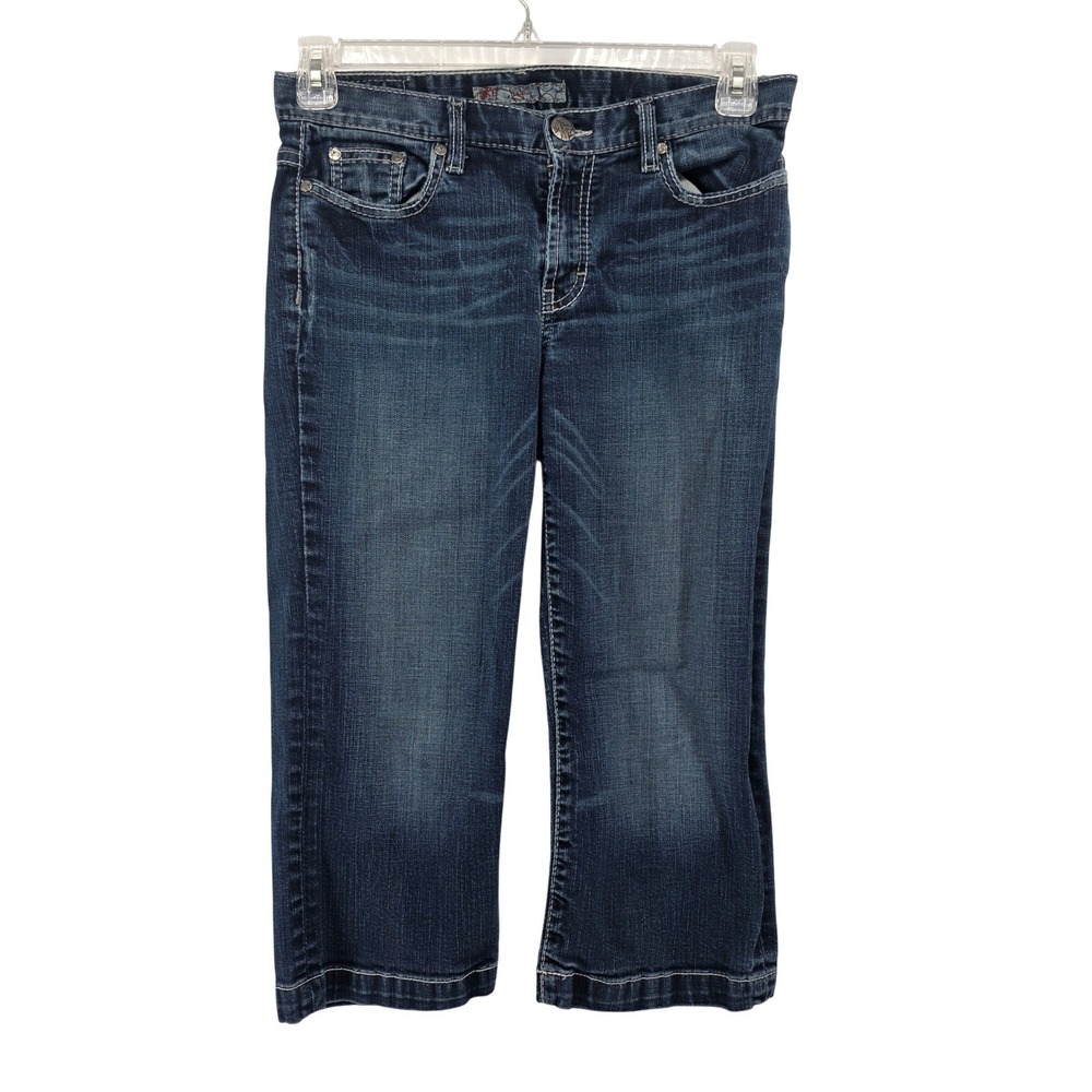 BKE Drew Womens Stretch Denim Capri Jeans Dark Wash Embroidered Pockets Size 28